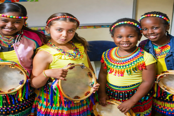 Children participating in worship with colorful tambourines