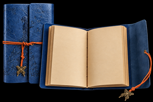Navy Preparation of the Bride faux leather journal shown open with blank brown pages and butterfly charm.