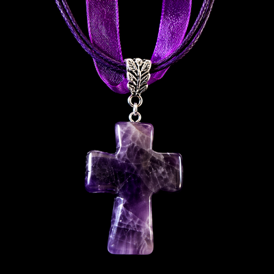 (image for) DEEP PURPLE AMETHYST CROSS — Genuine Gemstone Ribbon Necklace