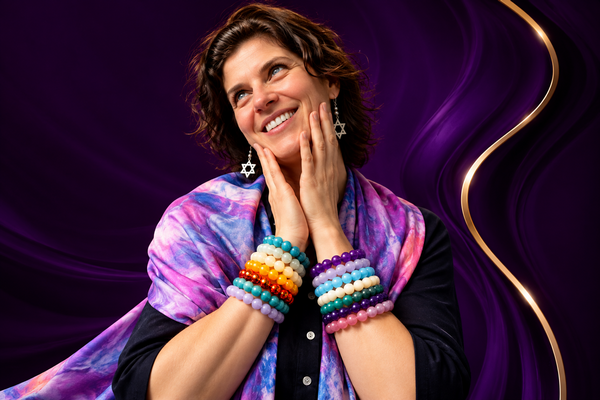 A beautiful display of color and elegance—our friend modeling WORSHIP WARRIORS® gemstone bracelets and hand-dyed silk scarf.