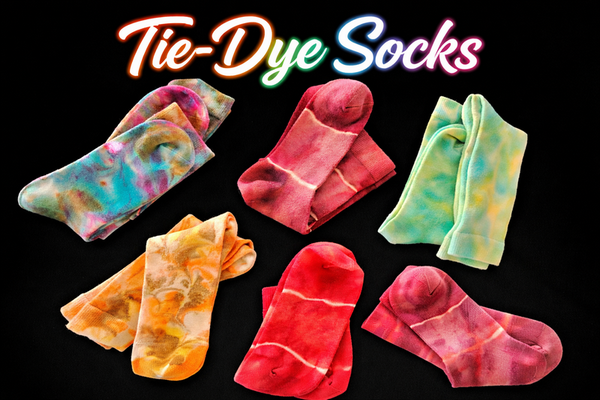 Tie-dye socks designed by Lora, featuring vibrant hand-dyed patterns