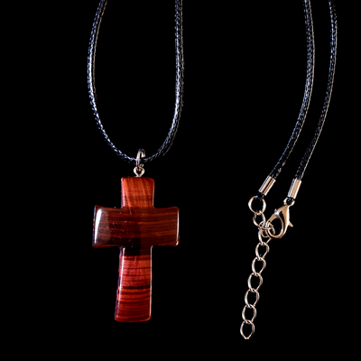 (image for) NECKLACE: Tiger-eye Cross, leather necklace