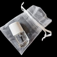 Refillable 5ml clear glass brush-on bottle with white cap, applicator brush, and organza gift bag.
